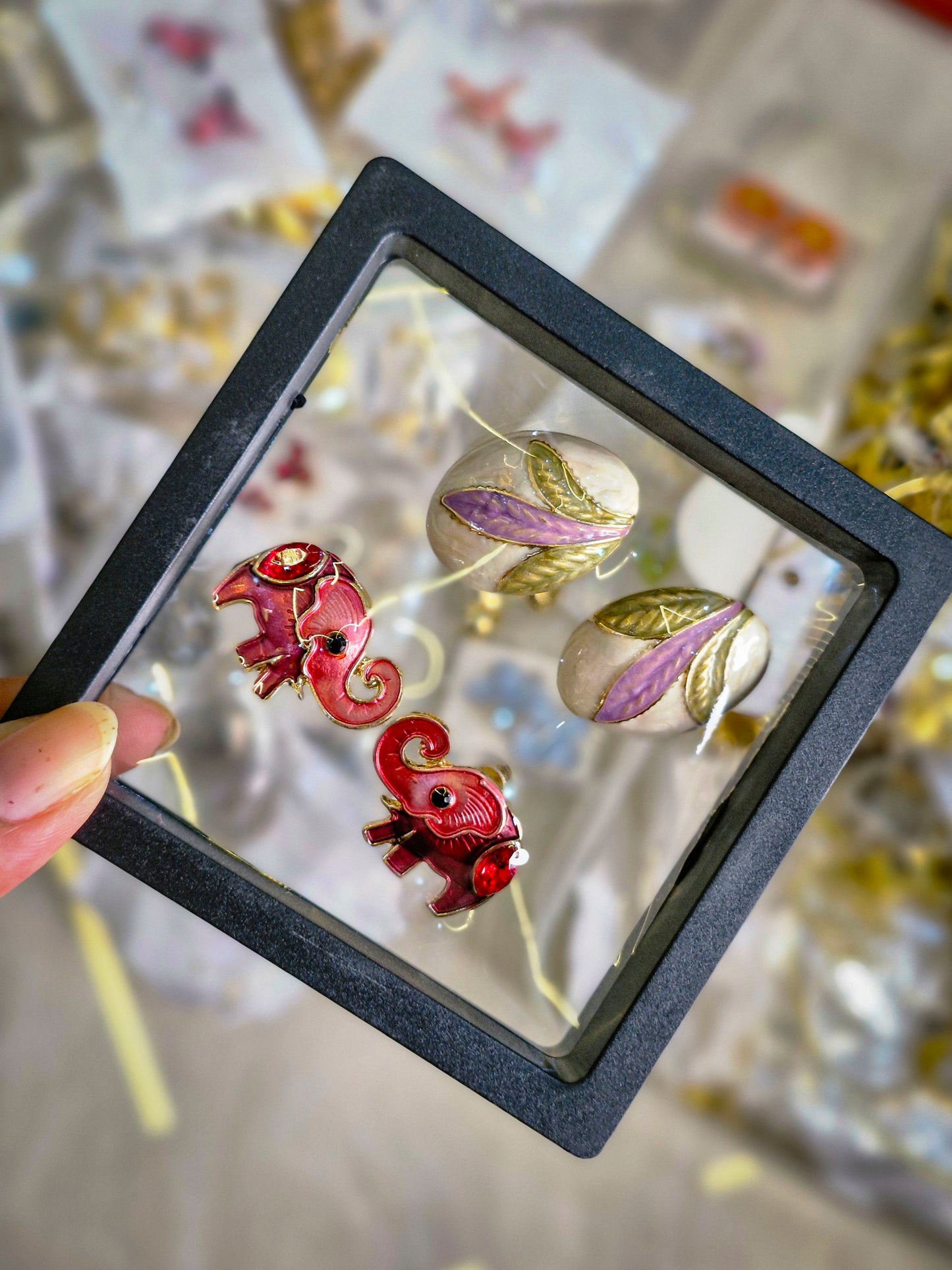 Red Elephant & Purple Leaf Enamel Earrings Set