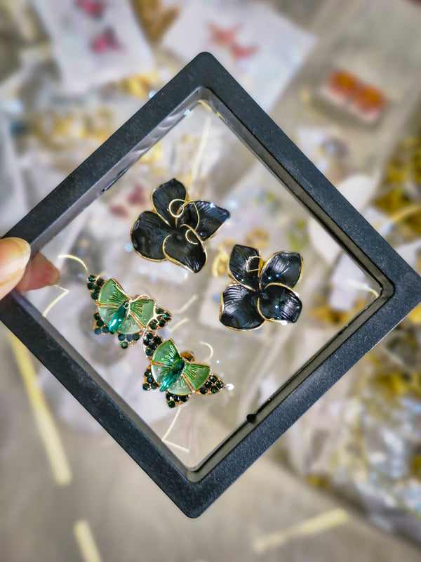 Black Flower & Green Butterfly Enamel Earrings Set