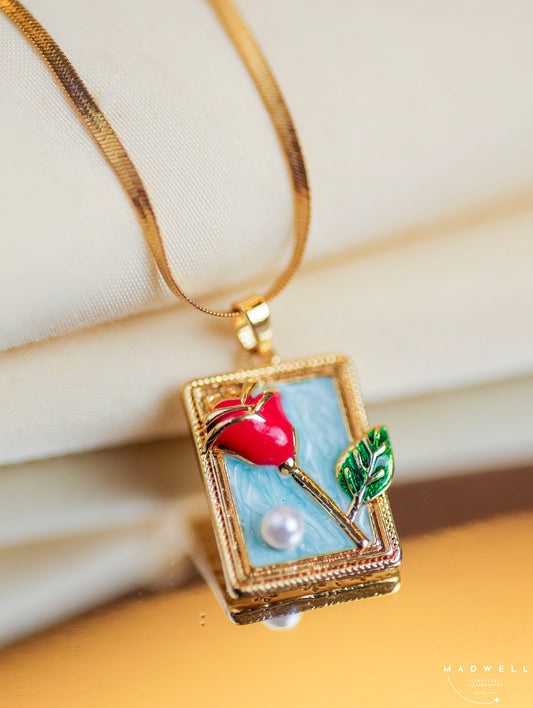 8.Scarlet Bloom Enamel Pendant Necklace