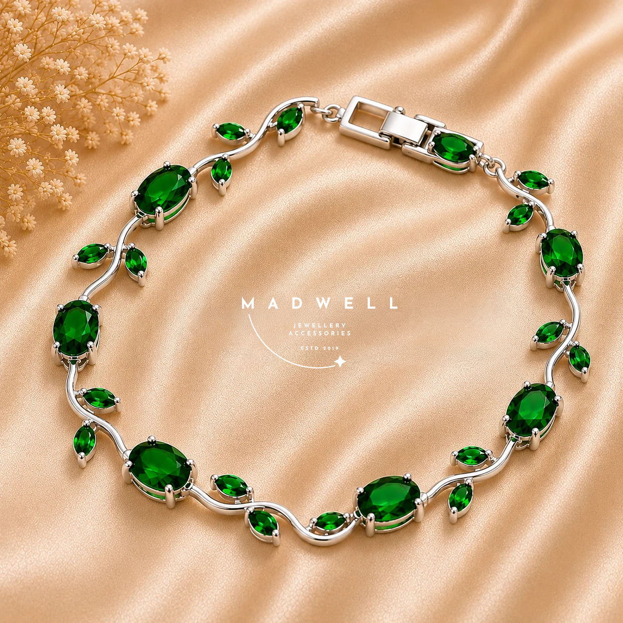 Green Cubic Vine Bracelet Silver Tone Anti tarnish