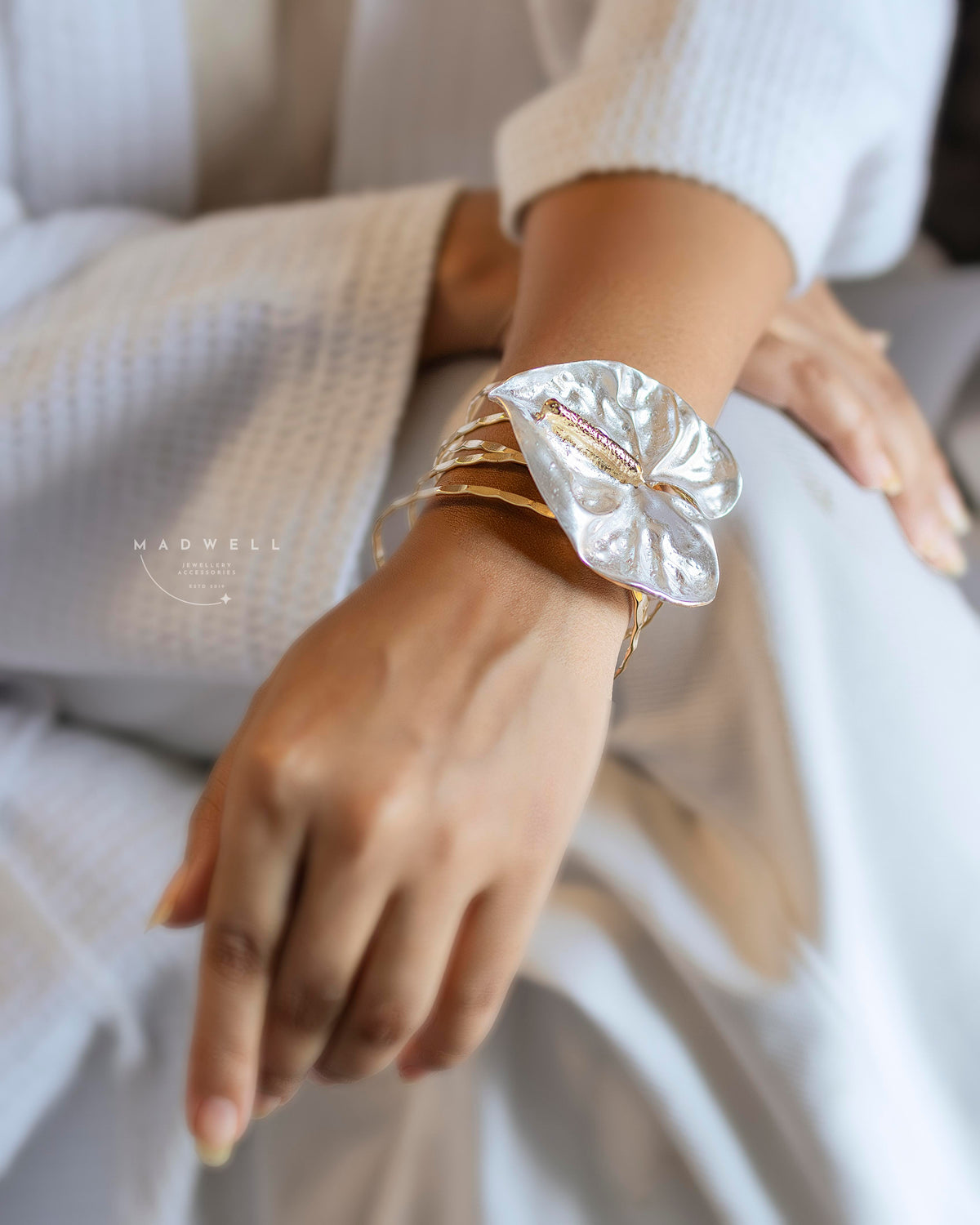 Anti Tarnish 18K Gold Plated Premium Pearl Bloom Sculptural Cuff Bracelet