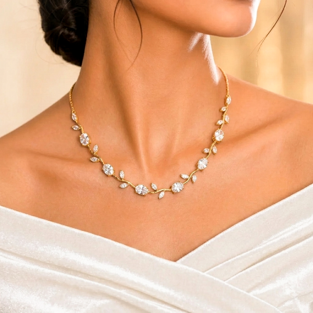 Golden Crystal Leaf Vine Necklace